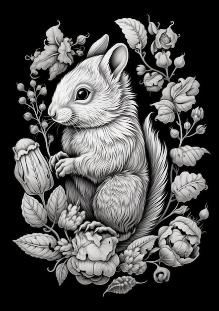 eine Schwarz-Weiß-Zeichnung eines Eichhörnchens, umgeben von generativen Blumen