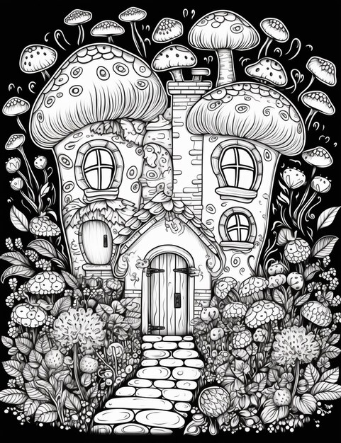 eine Schwarz-Weiß-Zeichnung eines Hauses mit Pilzen darauf generative KI