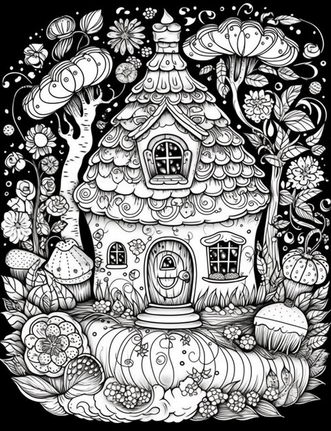 eine Schwarz-Weiß-Zeichnung eines Hauses, umgeben von generativen Pilzen