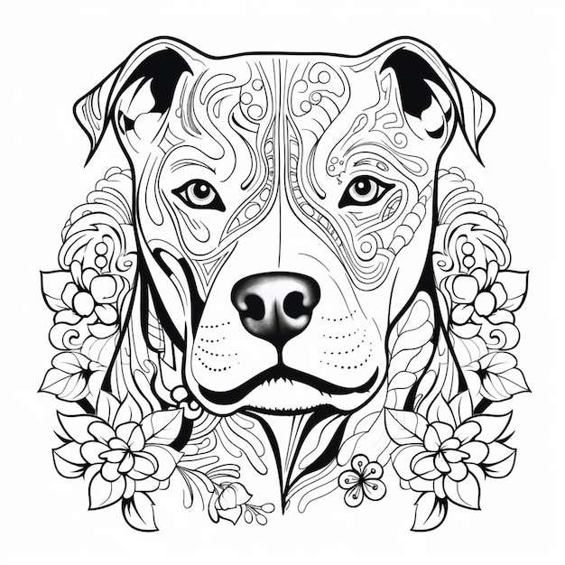 eine Schwarz-Weiß-Zeichnung eines Hundes mit Blumen darum herum, generative KI