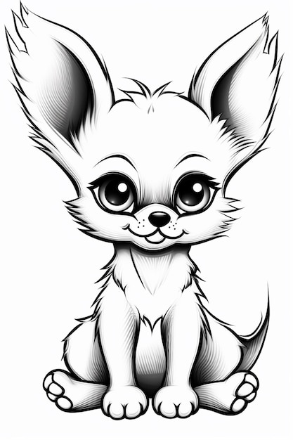 eine Schwarz-Weiß-Zeichnung eines kleinen Hundes mit großen Augen, generative KI