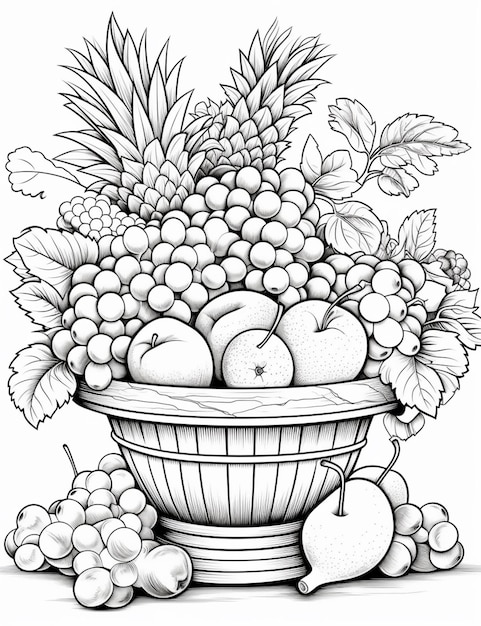 Eine Schwarz-Weiß-Zeichnung eines Korbs mit generativen Früchten
