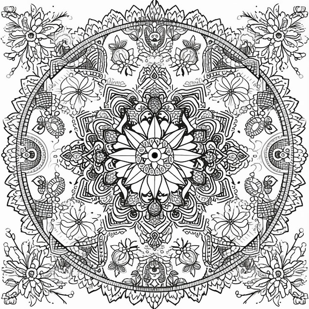 eine Schwarz-Weiß-Zeichnung eines kreisförmigen Designs mit generativen Blumen