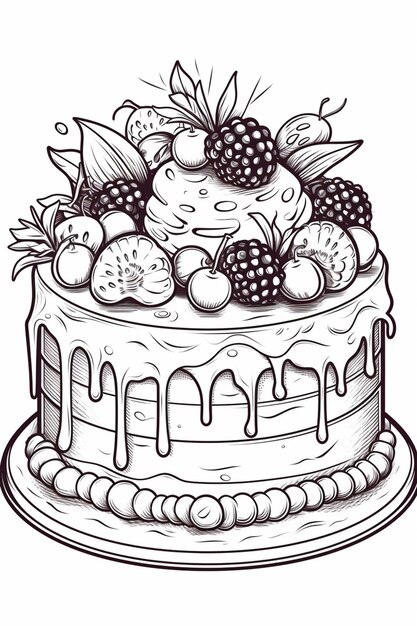 eine Schwarz-Weiß-Zeichnung eines Kuchens mit Beeren auf der generativen KI