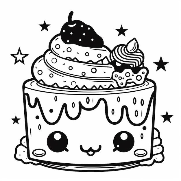 Eine Schwarz-Weiß-Zeichnung eines Kuchens mit einem generativen Gesicht