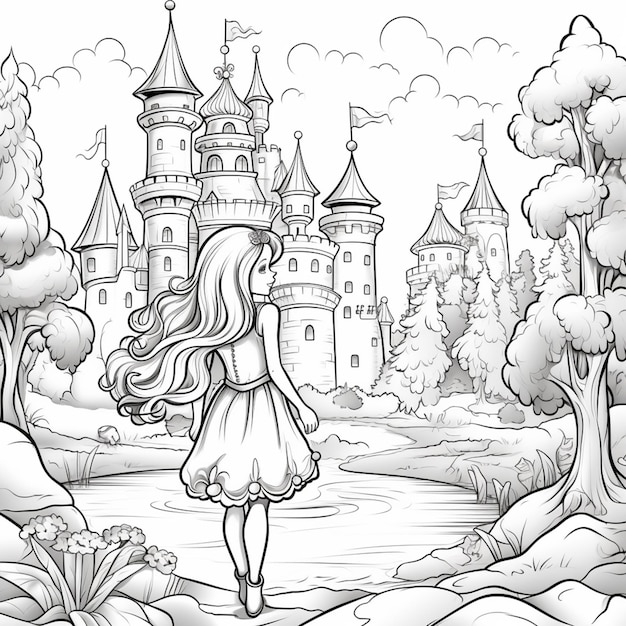 eine Schwarz-Weiß-Zeichnung eines Mädchens, das vor einer Burg läuft, generative KI