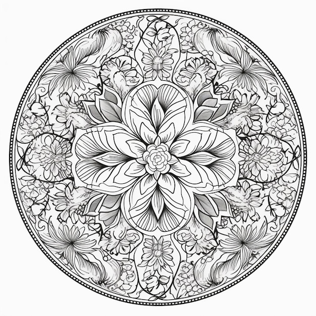 Eine Schwarz-Weiß-Zeichnung eines Mandalas mit Blumenmuster.