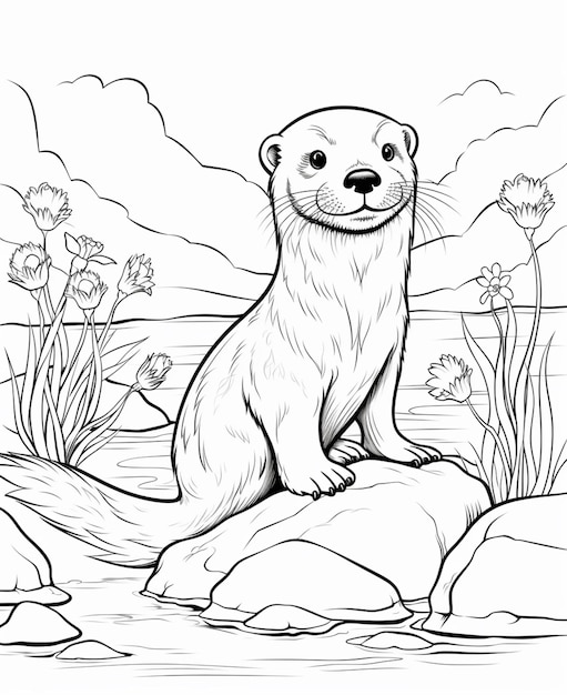 Eine Schwarz-Weiß-Zeichnung eines Otters, der auf einem generativen Felsen sitzt