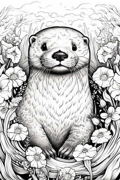 eine Schwarz-Weiß-Zeichnung eines Otters in einem blumigen Rahmen, generative KI