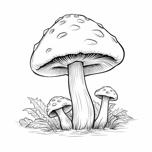 eine Schwarz-Weiß-Zeichnung eines Pilzes mit generativen Blättern