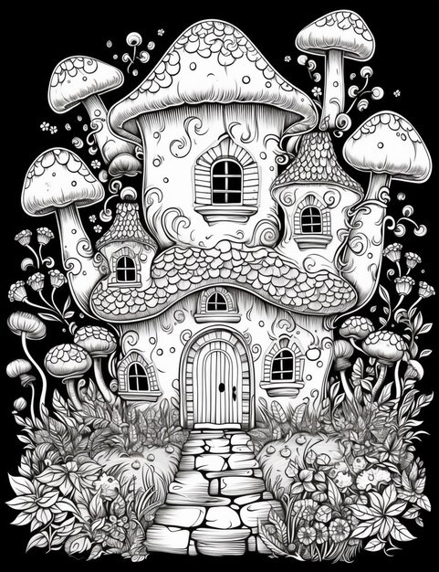 eine Schwarz-Weiß-Zeichnung eines Pilzhauses mit einer generativen Weg-KI
