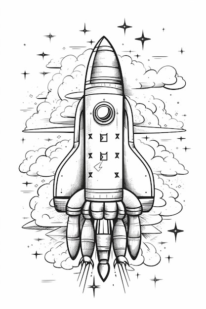 eine Schwarz-Weiß-Zeichnung eines Raketenschiffs, das durch den Himmel fliegt, generative KI