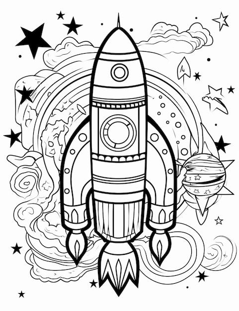eine Schwarz-Weiß-Zeichnung eines Raketenschiffs mit generativer KI von Sternen und Planeten