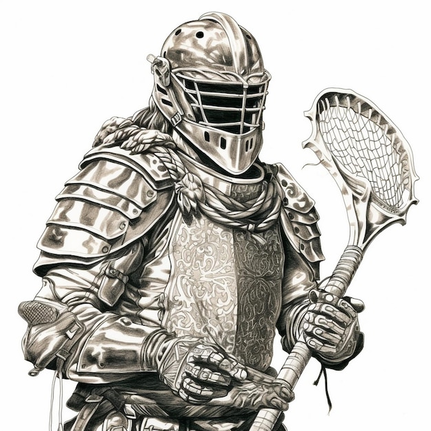 eine Schwarz-Weiß-Zeichnung eines Ritters in Rüstung, der einen Schläger hält.