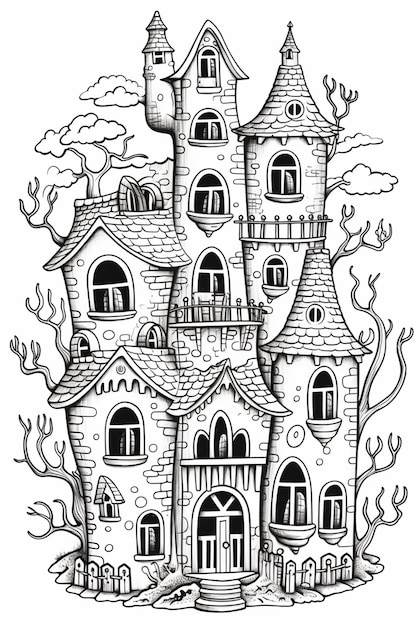 eine Schwarz-Weiß-Zeichnung eines Schlosses mit einem Baum im Vordergrund, generative KI
