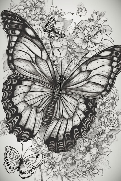 eine Schwarz-Weiß-Zeichnung eines Schmetterlings und generativer Blumen