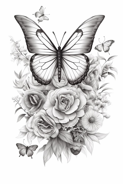 Eine Schwarz-Weiß-Zeichnung eines Schmetterlings und generativer Blumen