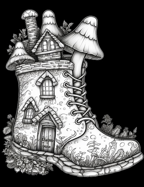 eine Schwarz-Weiß-Zeichnung eines Schuhs mit einem generativen Pilzhaus