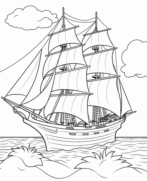 Eine Schwarz-Weiß-Zeichnung eines Segelboots, das im Ozean segelt, generative KI