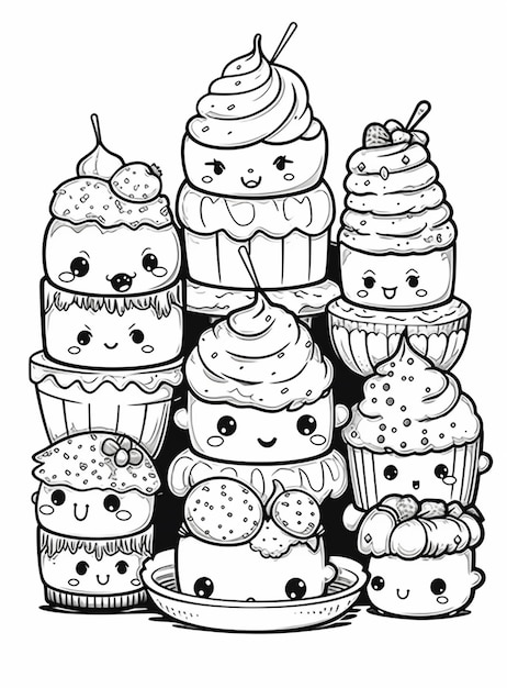 eine Schwarz-Weiß-Zeichnung eines Stapels Cupcakes mit Gesichtern generativ ai