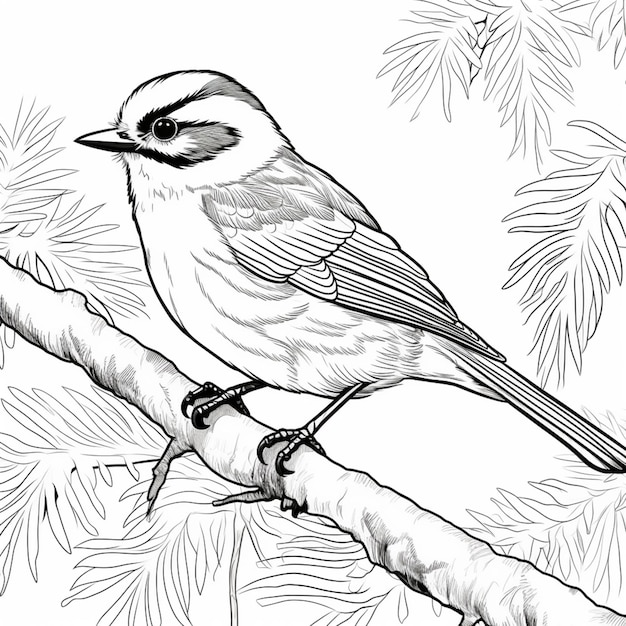 eine Schwarz-Weiß-Zeichnung eines Vogels, der auf einem Zweig sitzt, generative KI