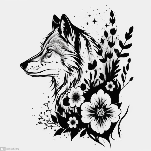 eine Schwarz-Weiß-Zeichnung eines Wolfes mit generativen Blumen