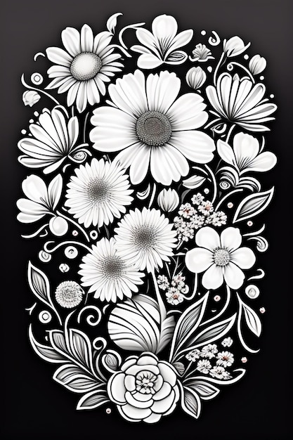 Eine Schwarz-Weiß-Zeichnung von Blumen mit dem Wort Blumen darauf.