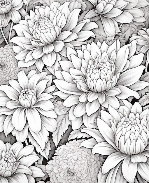 eine Schwarz-Weiß-Zeichnung von Blumen mit generativen Blättern