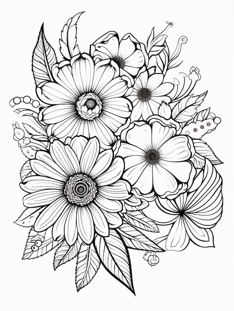 eine Schwarz-Weiß-Zeichnung von Blumen mit generativen Blättern