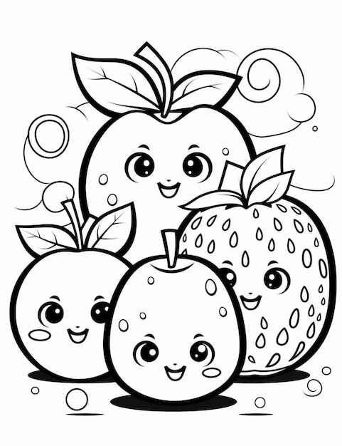 Foto eine schwarz-weiß-zeichnung von drei äpfeln und zwei generativen erdbeeren