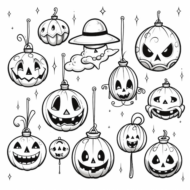 Foto eine schwarz-weiß-zeichnung von halloween-kürbissen, die an schnüren hängen, generative ki