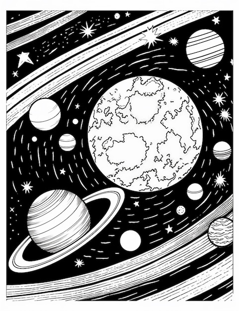 eine Schwarz-Weiß-Zeichnung von Planeten und Sternen am Himmel generativ ai
