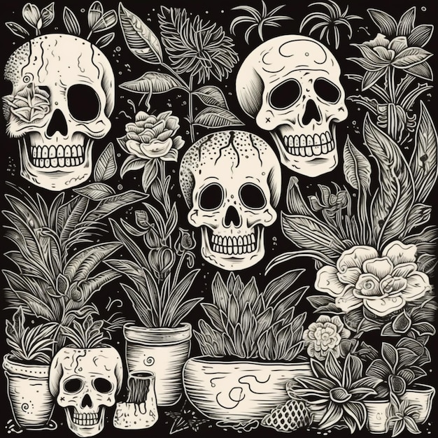 eine Schwarz-Weiß-Zeichnung von Totenköpfen und Blumen, generative KI