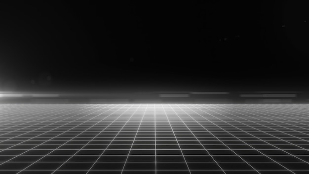 Eine schwarz-weiße digitale Gitterlandschaft mit einem minimalistischen futuristischen Design und einem dunklen