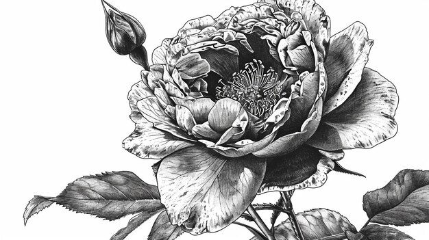 Foto eine schwarz-weiße inkt-illustration einer blühenden rose