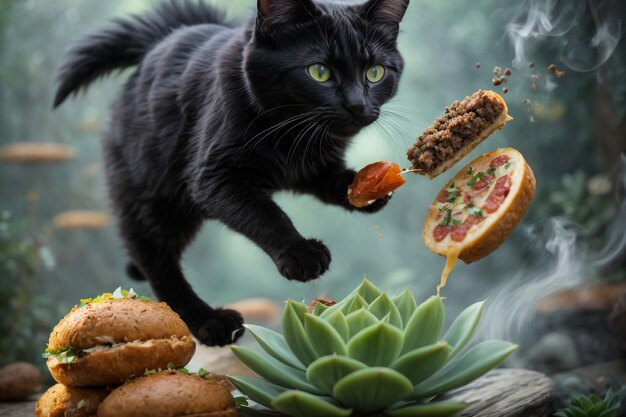 eine schwarz-weiße Katze bewacht eine Schachtel mit exotischen Früchten ND BURGER