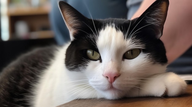 Eine schwarz-weiße Katze liegt auf einem Tisch.