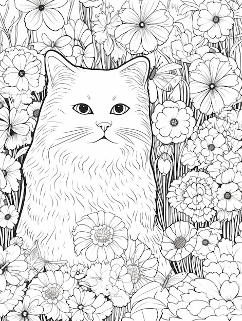 eine schwarz-weiße Katze sitzt in einem Feld von Blumen generative ai