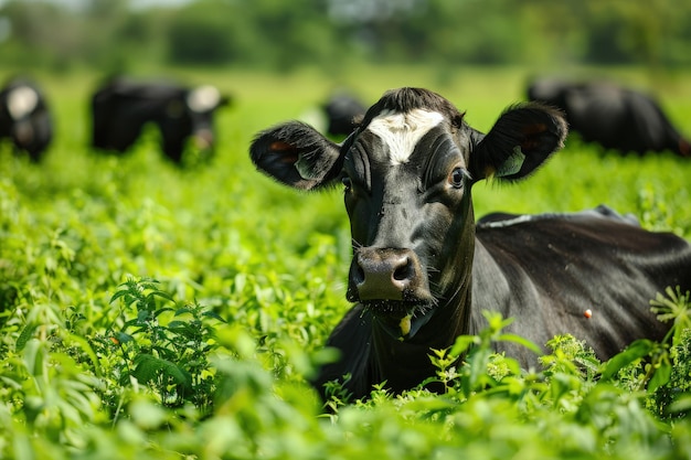 Eine schwarz-weiße Kuh liegt in einem Feld mit grünem Gras