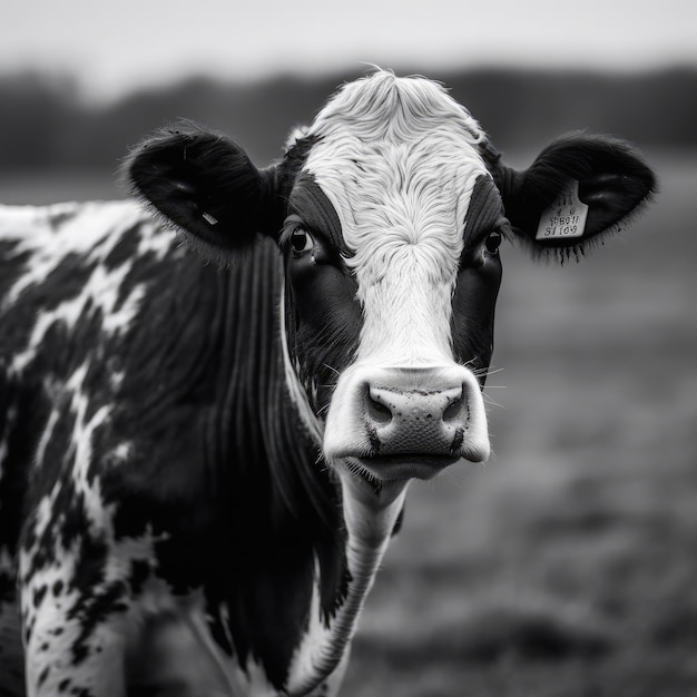 Eine schwarz-weiße Kuh mit einer Marke am Ohr steht auf einem Feld.