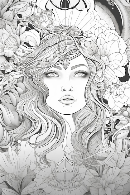 Eine schwarz-weiße Skizze einer Frau mit Blumen im Gesicht.