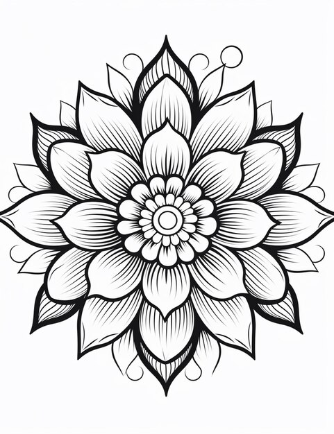 eine schwarz-weiße Zeichnung einer Blume mit einem großen Zentrum generative ai