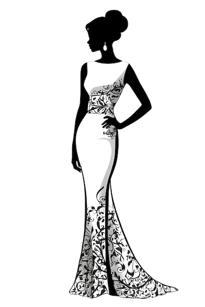 eine schwarz-weiße Zeichnung einer Frau in einem weißen Kleid mit Blumen an der Unterseite