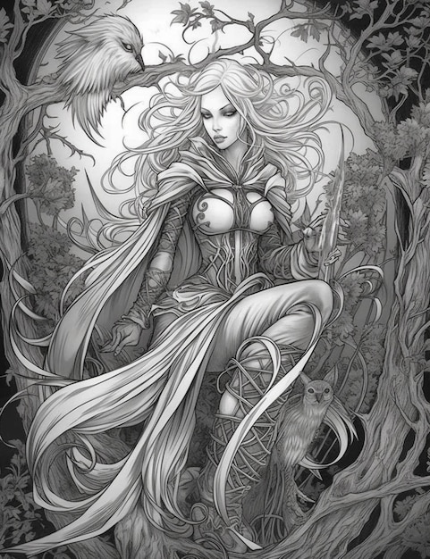 eine schwarz-weiße Zeichnung einer Frau mit langen Haaren und einer Vogelgenerative ai