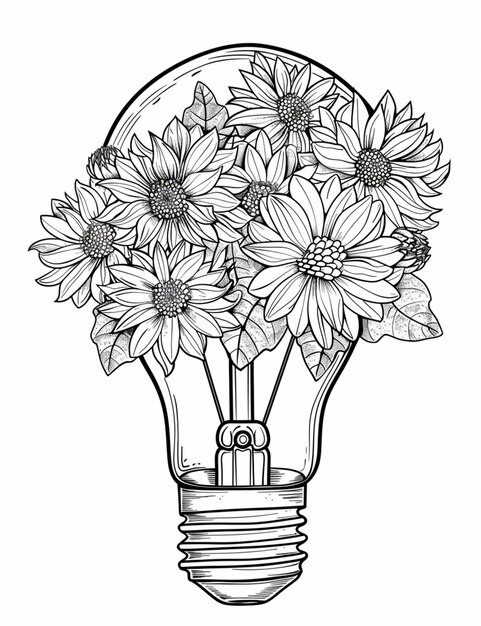 eine schwarz-weiße Zeichnung einer Glühbirne mit Blumen im Inneren generativer Ai