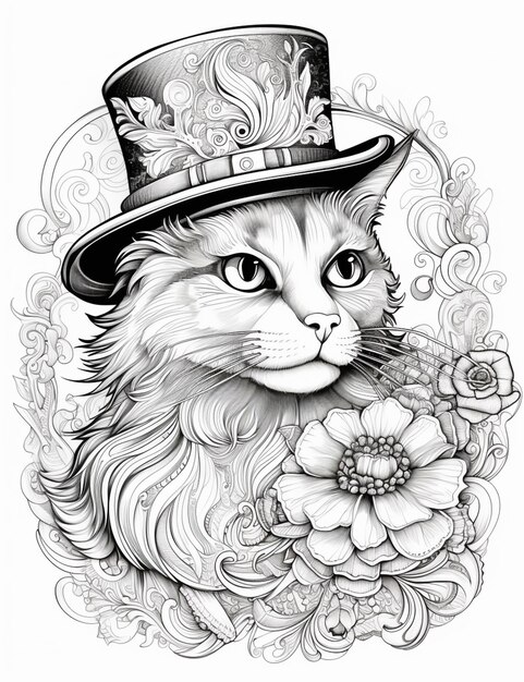 eine schwarz-weiße Zeichnung einer Katze, die einen Top-Hut trägt