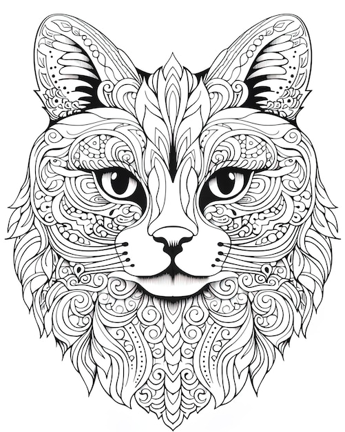 eine schwarz-weiße Zeichnung einer Katze mit einem Muster eines Wolfes darauf