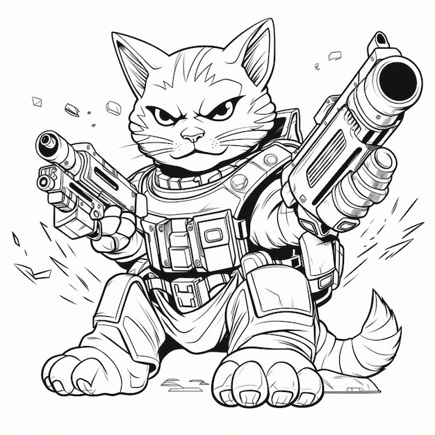 eine schwarz-weiße Zeichnung einer Katze mit einer Schusswaffe