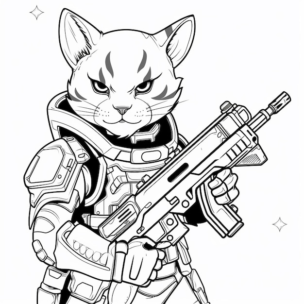 eine schwarz-weiße Zeichnung einer Katze mit einer Schusswaffe
