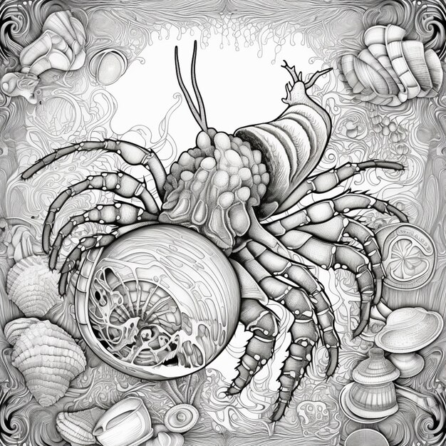 eine schwarz-weiße Zeichnung einer Krabbe mit Muscheln und Muscheln